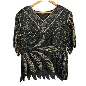 Vintage Mark John II Art to Wear Beaded Silk Top Womens M Sequins Ornate Party
